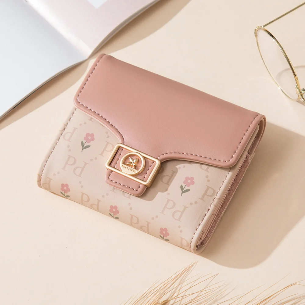 Cartera corta para mujer, bolso de tres pliegues con estampado de PU coreano, hebilla multifuncional de flores, plegable y expandible, primavera y verano, 2024