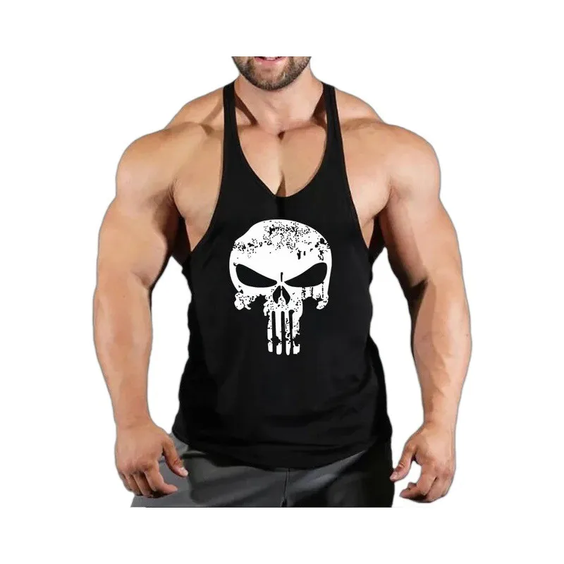 

Men Skull Strong Print Clothing Bodybuilding Cotton Gym Tank Tops Men Sleeveless Undershirt Fitness Stringer Muscle Workout Vest