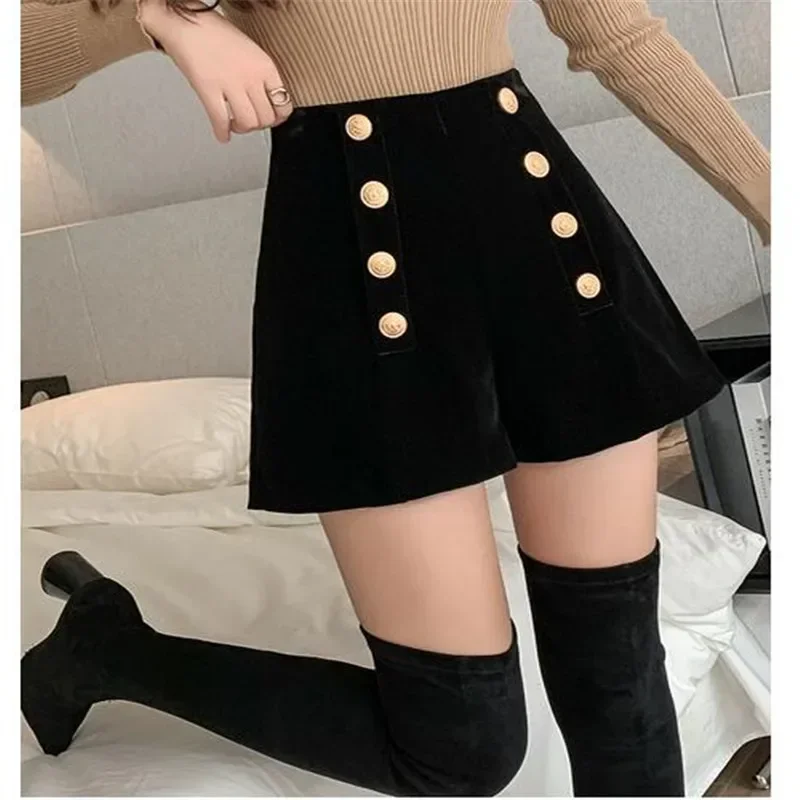 Autumn Winter High Waist Velvet Wide Leg Shorts Women Chic Double Breasted Short Pants Fashion Sexy Bottoms Casual Ropa Mujer