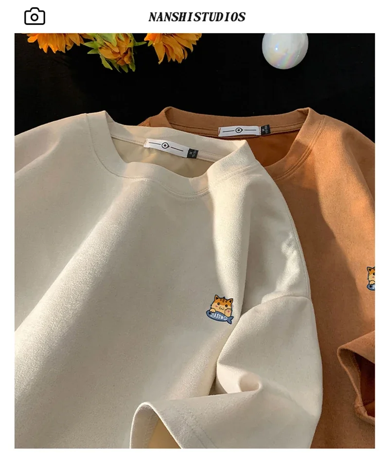 Summer Cartoon Cat Graphic T-shirts For Men Vintage Loose Tees Clothes Suede Crewneck Short Sleeve T Shirts Hombre Streetwear