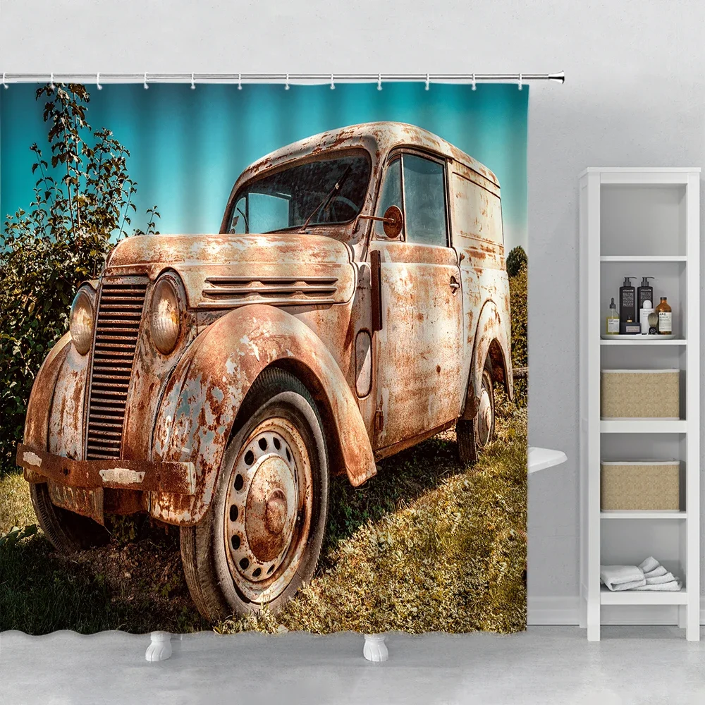 

Ретро-занавеска для душа в виде грузовика, красная старая жестяная автомобильная декоративная занавеска в античном европейском стиле для ванной комнаты, занавеска из полиэстера, настенная занавеска, крючок