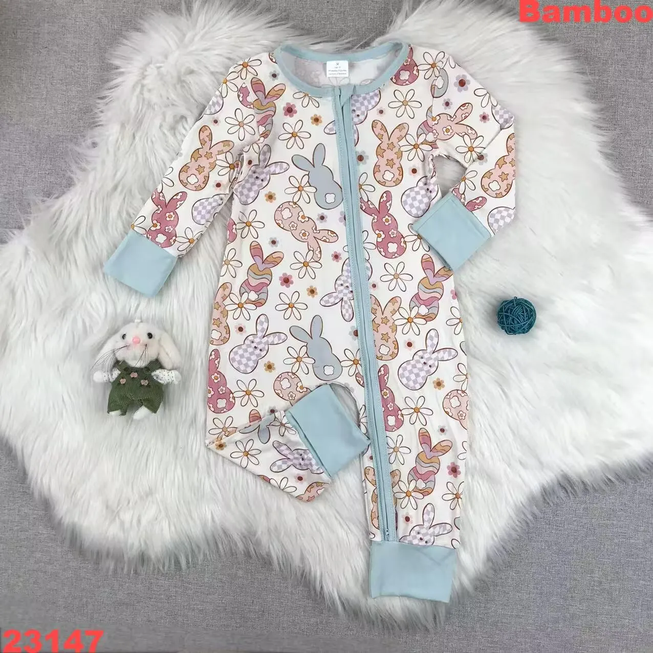 Popular Bamboo Romper Kid Girls Easter Bunny and Flower Print Soft Bamboo Sleepers Zipper Pajamas Cover Hands and Feet