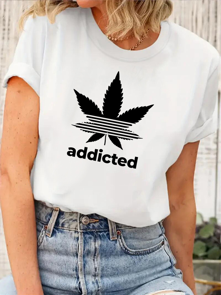 Cannabis Leaf Print Regular All-Season Short Sleeve Women'S Casual Crew T-Shirt with Geometric