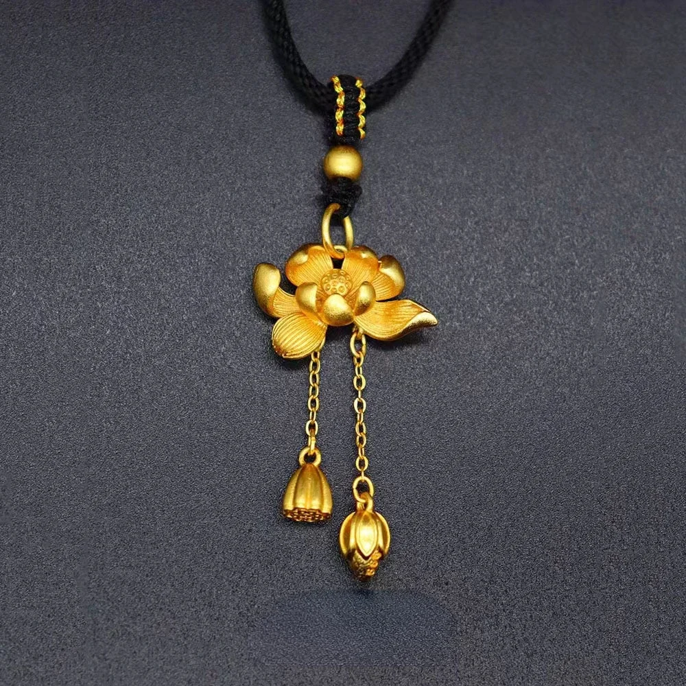 

Chinese Tradition Pure 18k Gold Color Lotus Necklace Pendant for Women Bride Female Sand Gold 999 Chain Jewelry Gifts