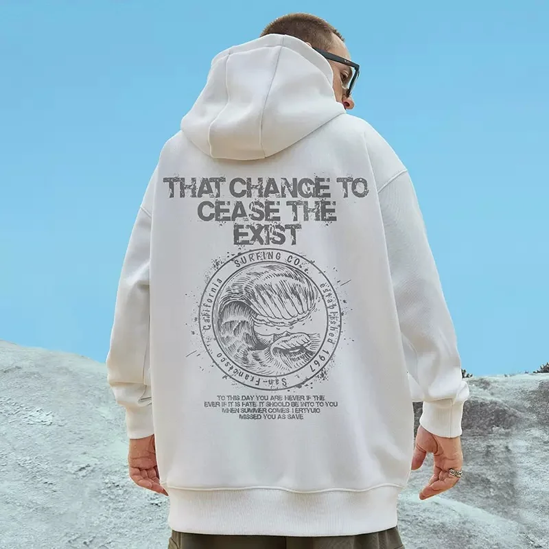 WaveGraphicsLetterPrintLooseCasualFleeceHoodiesForMenAutumn