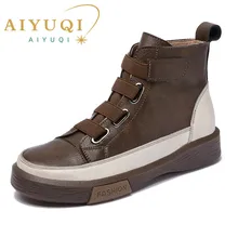 AIYUQI Women winter Shoes Flat Genuine Leather 2022 Antique  Color Matching Front Tie Ladies Boots Trend Girl Student Shoes