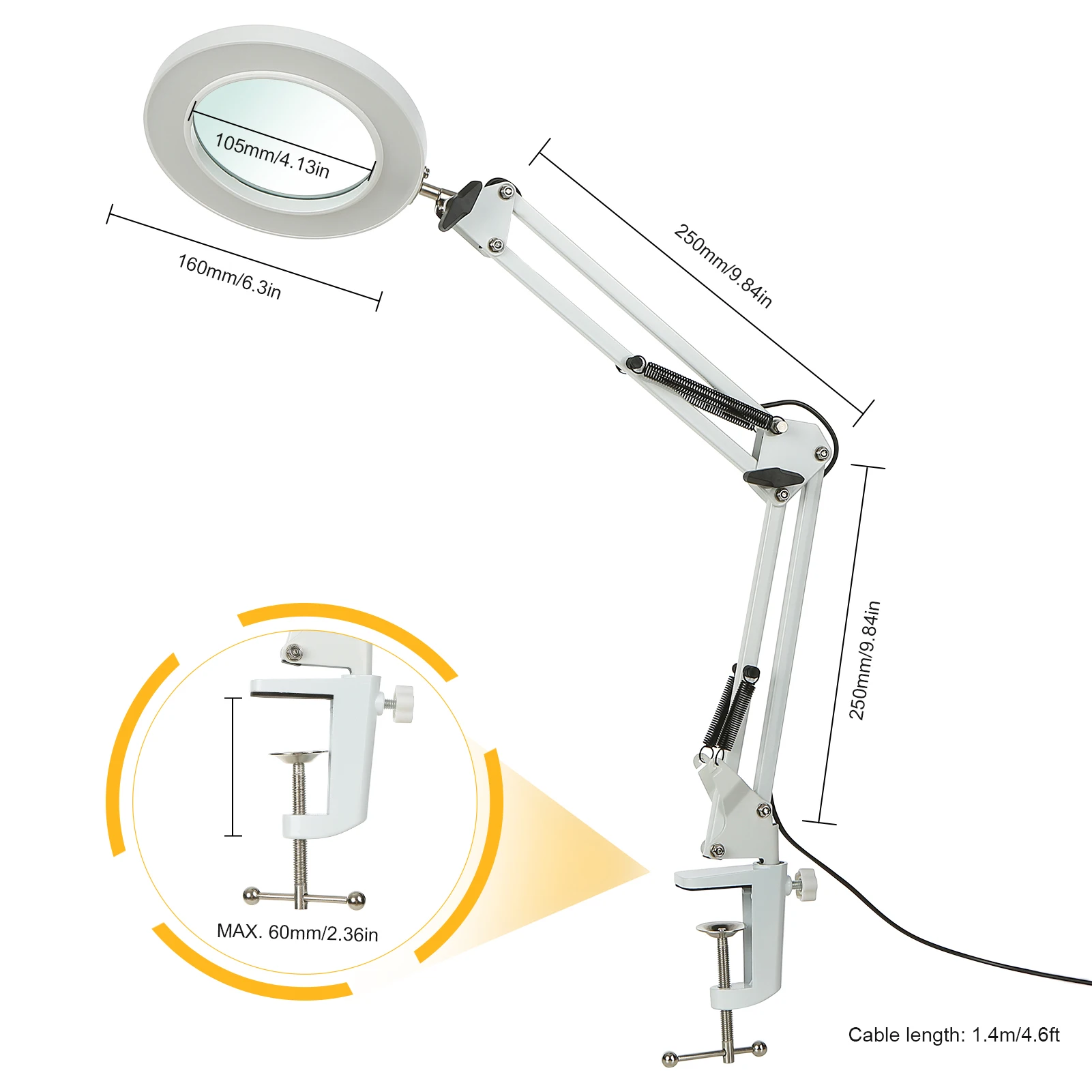 Desk Lamp Flexible Clamp-on with 8x Magnifier Glass Swing Arm Dimmable Illuminated Magnifier LEDs 3 Color Modes