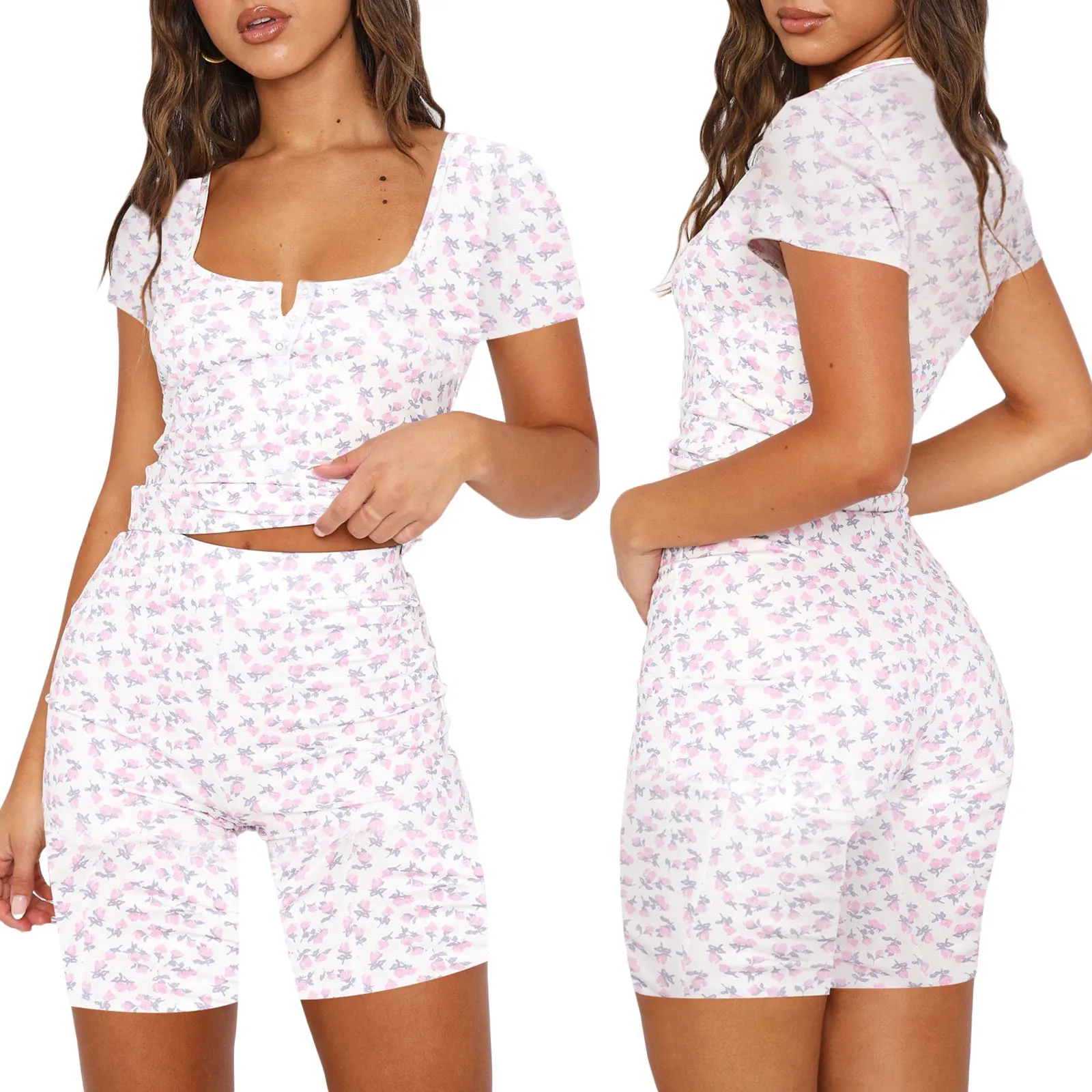 

Women Summer Short Sets Vintage Floral Print Square Neck Short Sleeve Crop Tops High Waist Shorts 2pcs Clothes Suit Streetwear