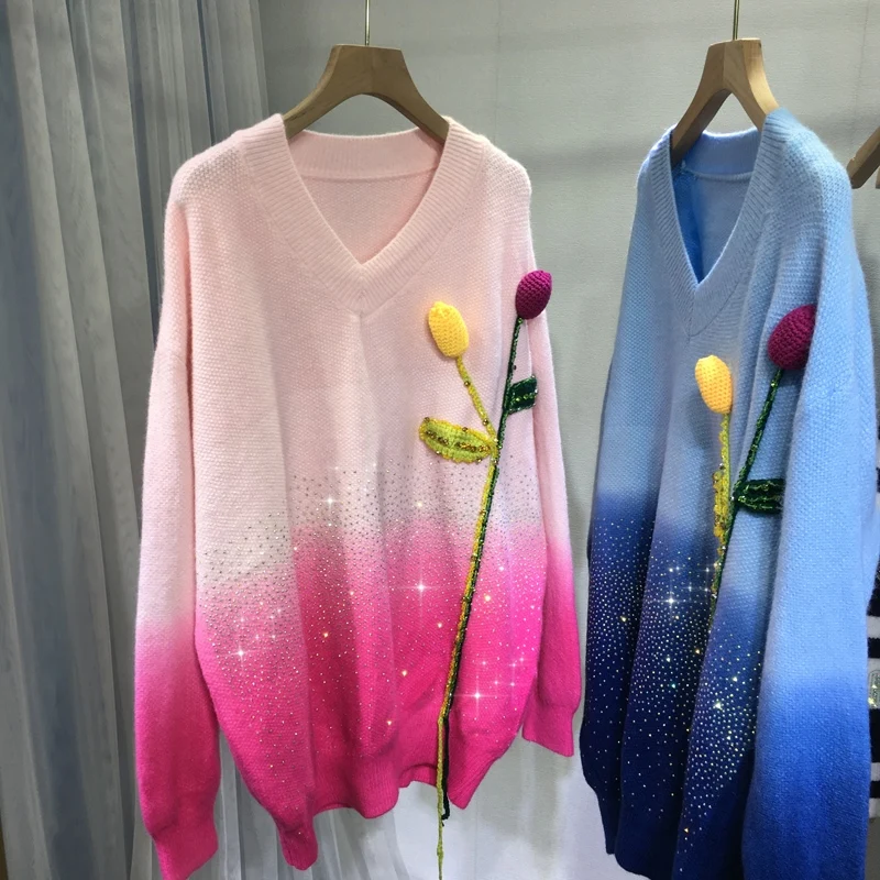 

Gradient Shiny Hot Drilling Women Sweater All-match Loose V-neck Pullover Top Mid-long Lazy Diamonds Long Sleeve Jumpers Thicken