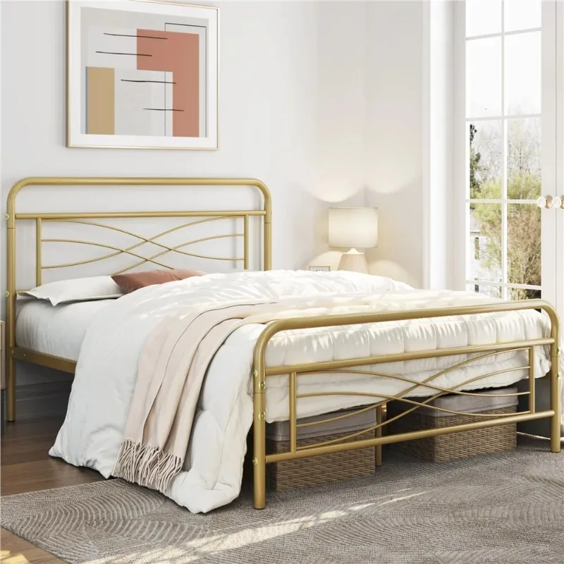 

Easyfashion Avery Vintage Metal Full Bed with Criss-Cross Design, Antique Gold