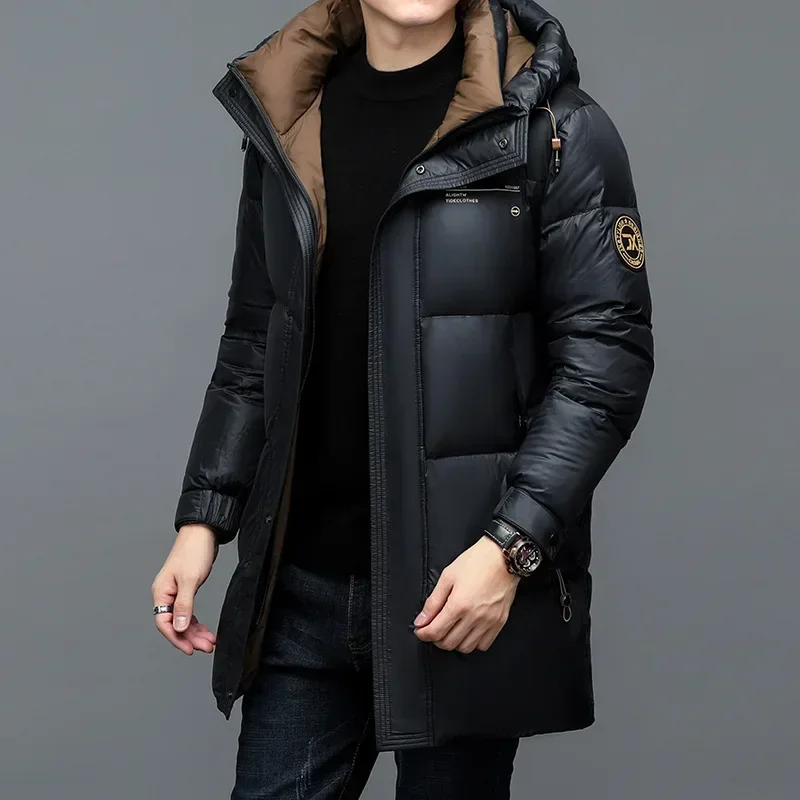 Winter men's mid length autumn/winter 90 white duck down jacket with warm and thickened casual hooded 