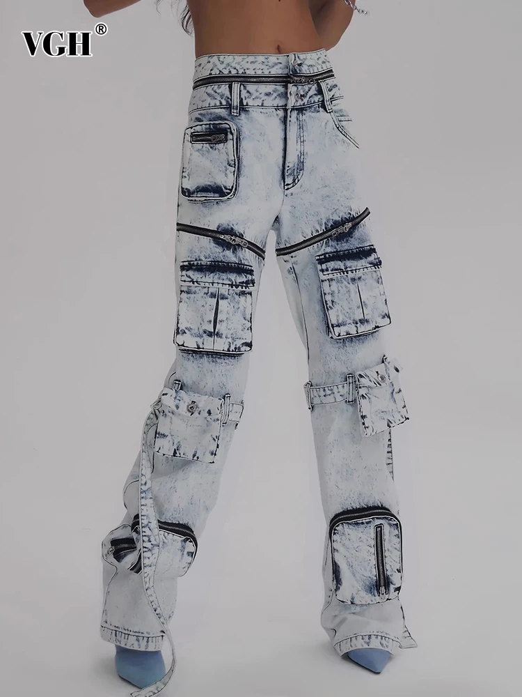

VGH Spliced Zippers Hollow Out Jeans For Women Highe Waist Patchwork Pockets Denim Pants Female Fashion Clothing Style New 2023