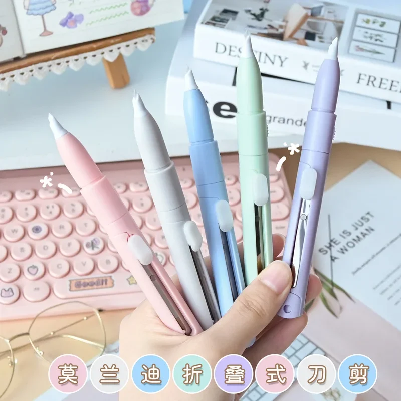 1pc 2 In 1 Mini Color Folding Scissor Pen Cutter Portable Size Safe Ceramic Pencutter Utility Knife for Paper Work Diary School