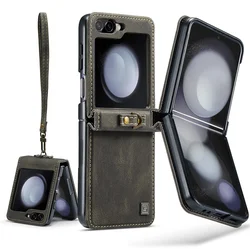 Magnetic Leather Wrist Strap Wallet Case with Lanyard and Card Slots - Galaxy Z Flip 7 (Coffee)