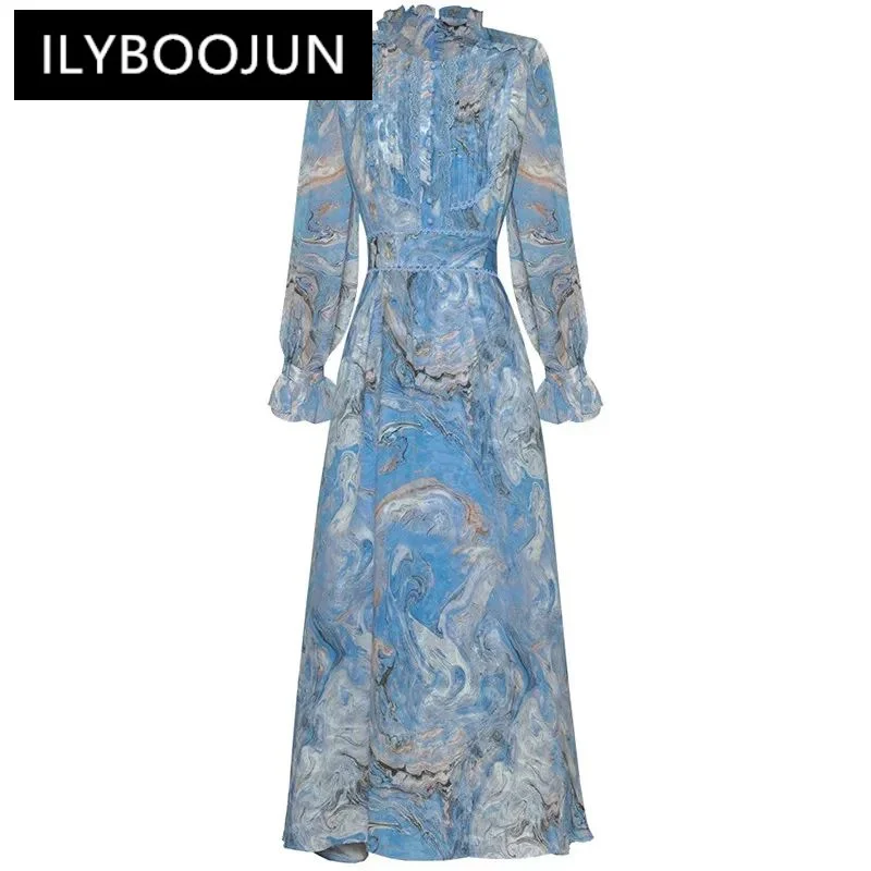 

ILYBOOJUN Fashion Designer Women's 2024 Spring Stand-Up Collar Long-Sleeved Flounced Edge Lace-Up Printed Ball Gown Long Dress