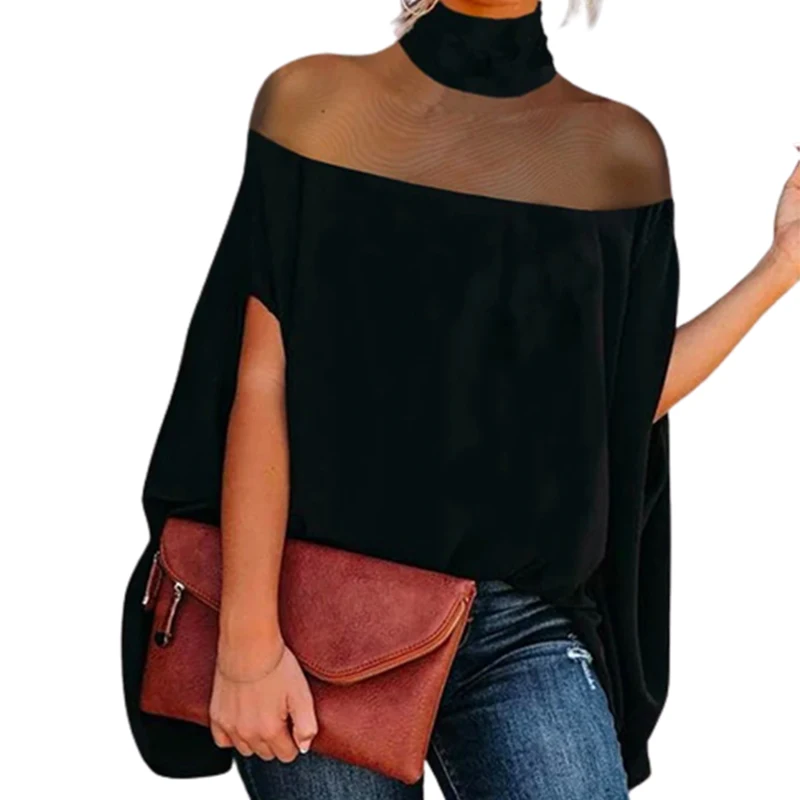 

Yeezzi 2023 New Female Fashion See-Through Summer Blouses Batwing Sleeves High-neck Causal Shirts Tops For Women