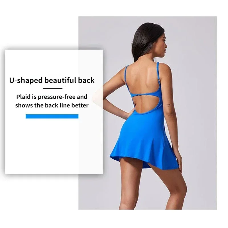 Women's Anti-glare Sports Beautiful Back Dress Removable Chest Cushion Breathable Outdoor Yoga Tennis Skirt
