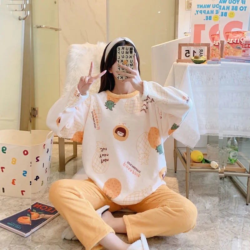 

2024 New Autumn Winter Nighty Coral Velvet Pajamas Women's Winter Thickened Fleece Flannel Loungewear Set Famale Sleepwear Suit