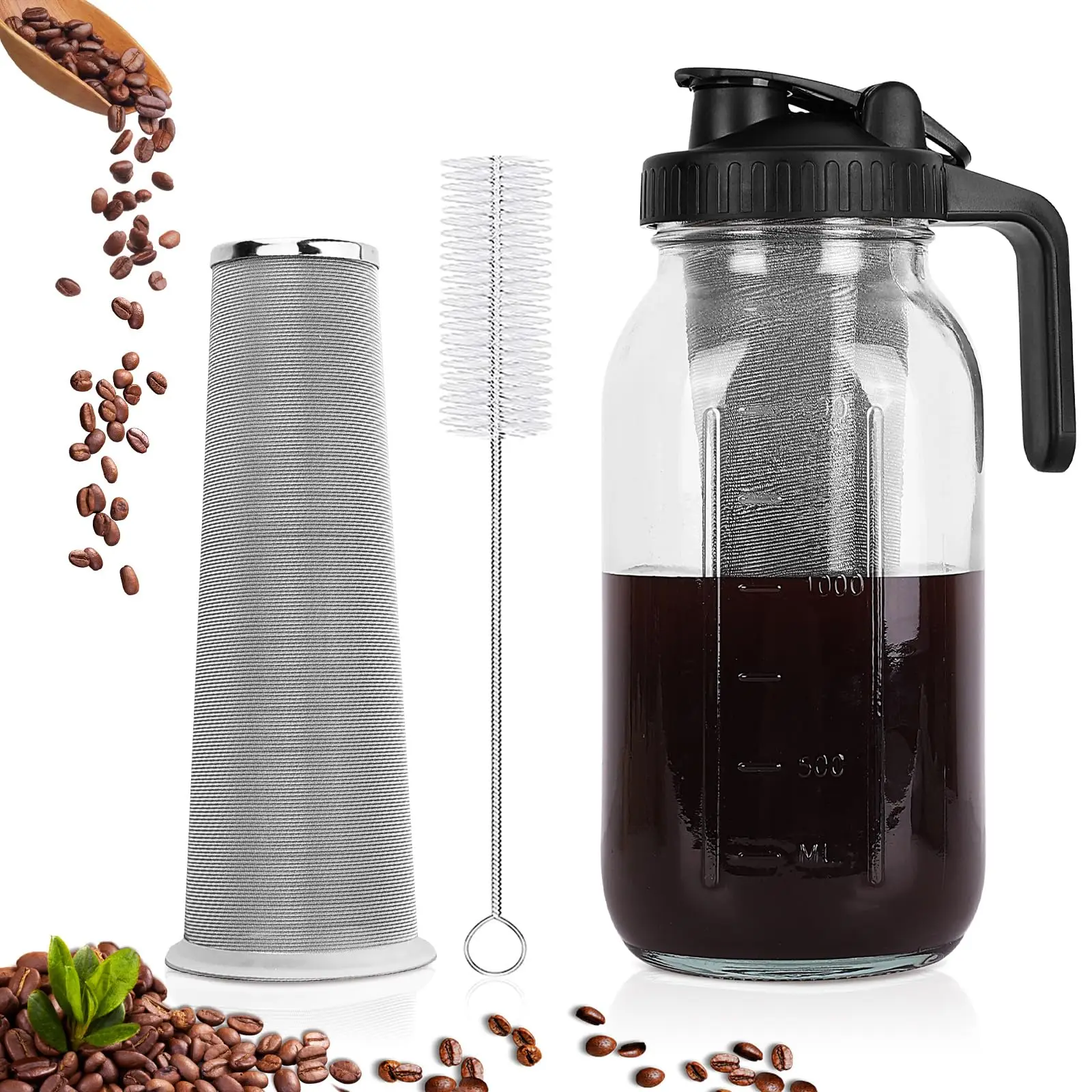 Cold Brew Coffee Maker,64 oz Mason Jar Pitcher with Stainless Steel Filter, Pour Spout Handle Lid, Heavy Duty Glass Airtight
