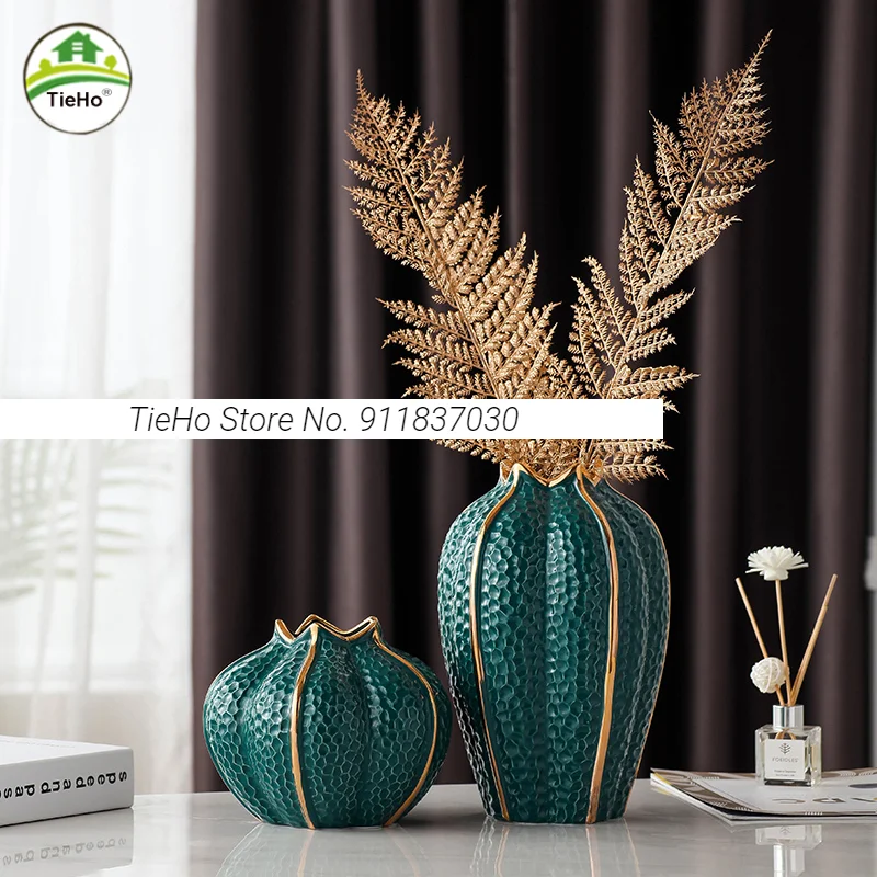 

Creative Pumpkin Vase Home Decor Living Room Office Furnishings Dried Flower Flower Arrangement Gilded Dark Green Ceramic Vase