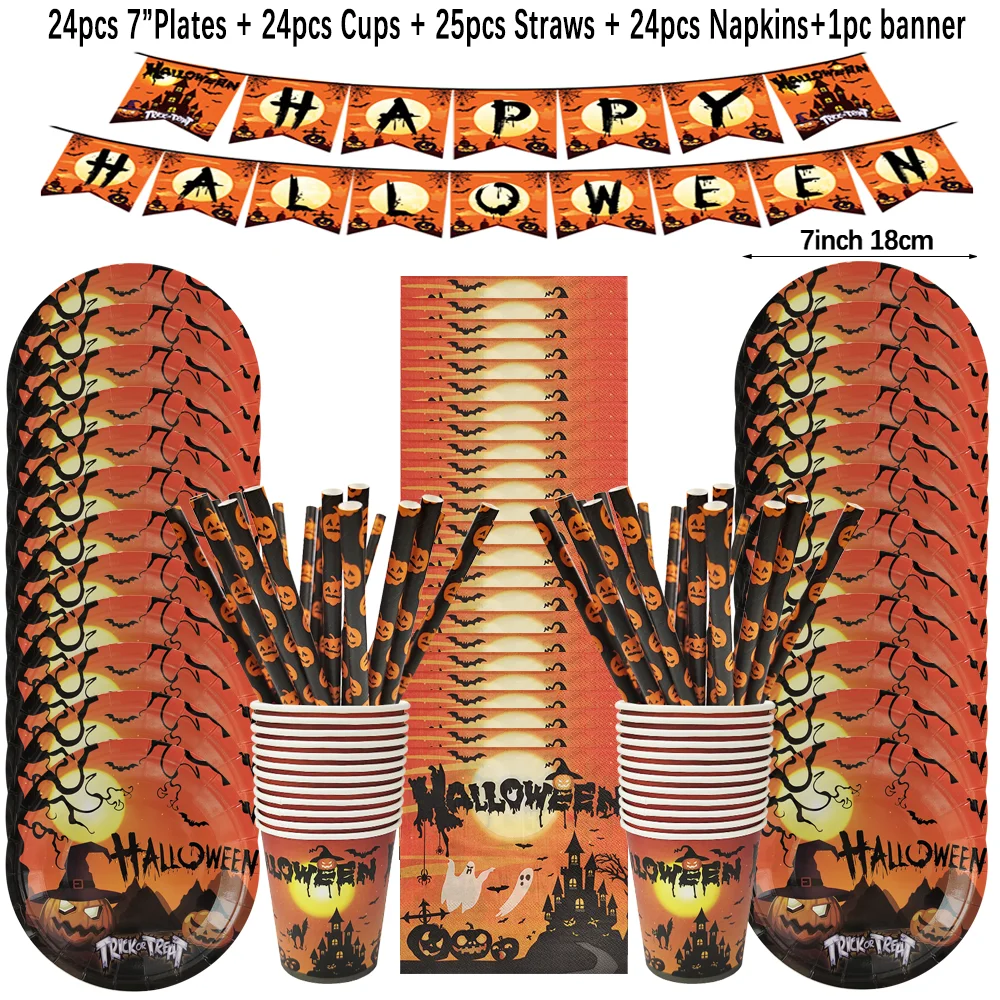 Halloween Thema Party Einweg geschirr Set Fledermaus Geist Kürbis Papp teller Tasse Serviette Banner glücklich Halloween Party liefert – Detail 13