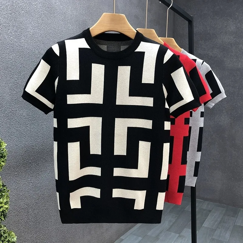 Faionable Ice Silk ort Sve Knitted T-irt for Men Slim Fit round Ne Summer New Sle Polyester Fiber Anti-Wrinkle