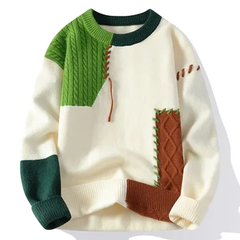 Maglioni lavorati a maglia da uomo Maglione patchwork O Collo Pullover Maglione a maniche lunghe impiombato Leggero elasticizzato Lana standard 2024 Casual 1