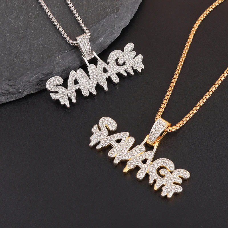 Hip Hop Ice Out Square Crystal S-A-V-A-G-E Letter Pendant Necklace for Men and Women Street One Last Party Trendy Jewelry Gift 2