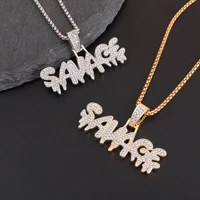Hip Hop Ice Out Square Crystal S-A-V-A-G-E Letter Pendant Necklace for Men and Women Street One Last Party Trendy Jewelry Gift 2