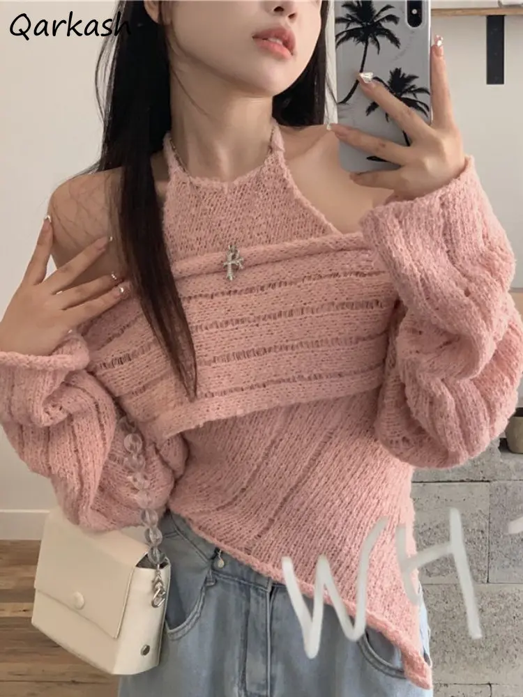 

Sets Women Knit Slim Crop Halter Asymmetrical Camisole Off-shoulder Shrug Sweet Heart Girls Sexy All-match Ins Chic Fashion Hot