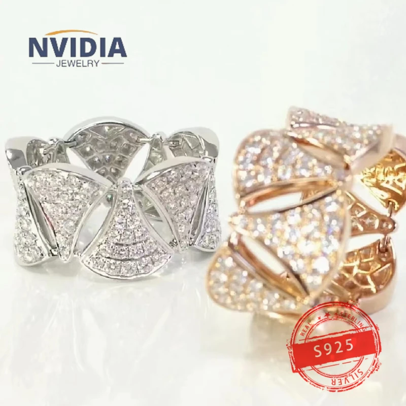 

2024 Fashion Hot Selling Brand Jewelry BV Customized S925 Silver Full Diamond Fan shaped Women's Ring Birthday Party Gift