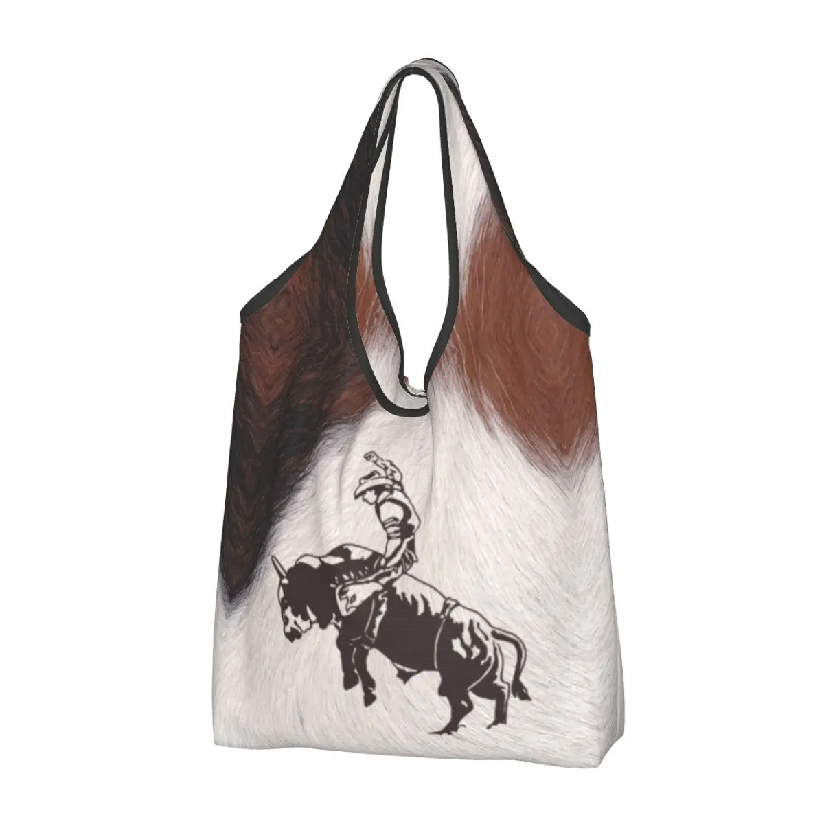 

Recycling Western Cowboy Rodeo Bull Riding Cowhide Shopping Bag Women Tote Bag Portable Cow Texture Grocery Shopper Bags