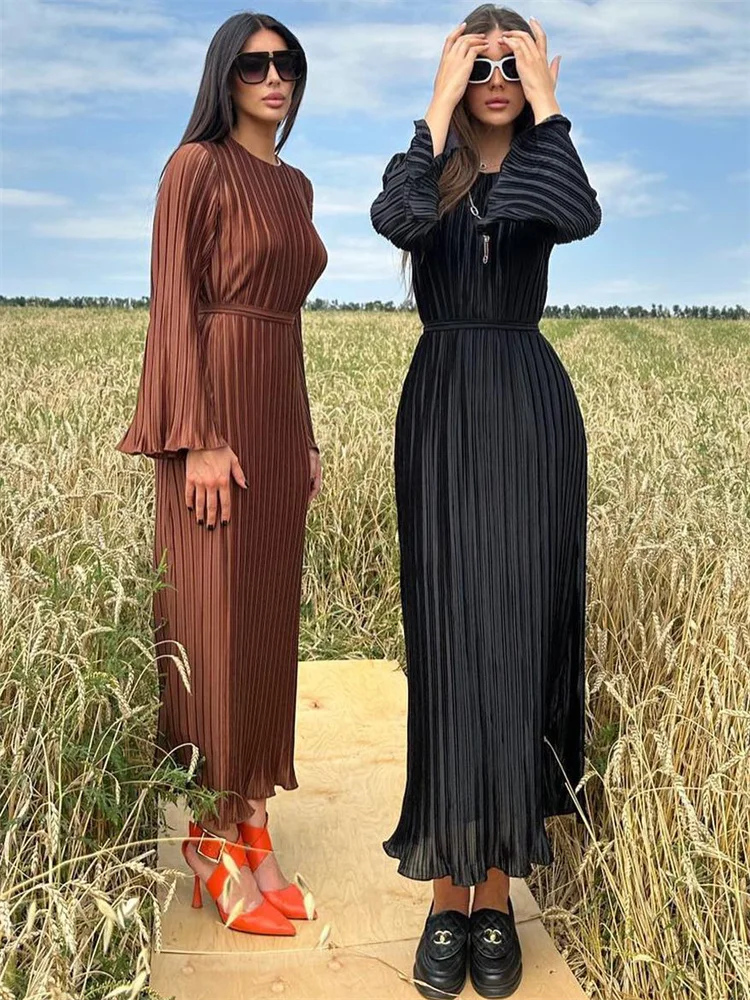 Vestido largo acanalado con volantes y cordones para mujer, manga larga, cintura alta, elegante, para fiesta, otoño, estilo vendaje