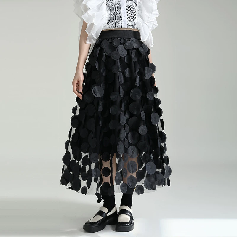 

French Retro Black A- Line Skirt Large Swing Skirt Design Sense Three-Dimensional Wave Dot High Waist Skirt Fashion Women's