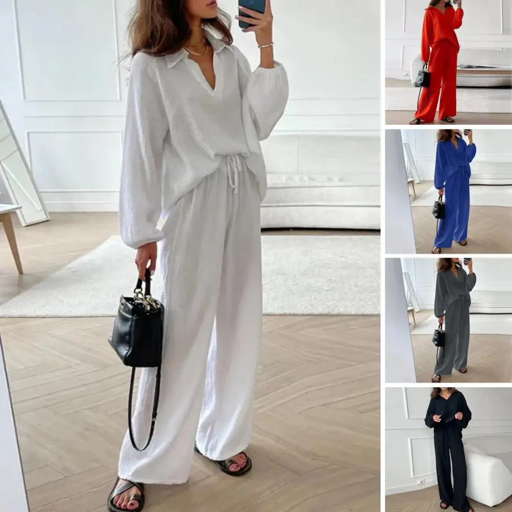 

Solid Color V-neck Collar Suit Women's Casual V Neck Top Pants Set with Drawstring Waist 2 Piece Outfit for Daily Wear Loose Fit