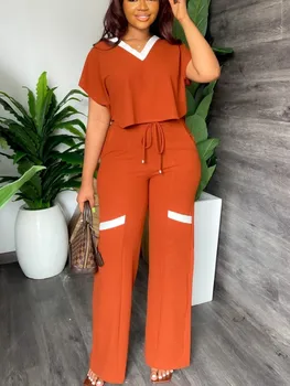 Elegant Women's Casual Short Sleeve T-shirt Sports Suit Summer Fashion Solid V Neck Short Top & Straight Pants Two Piece Sets 1