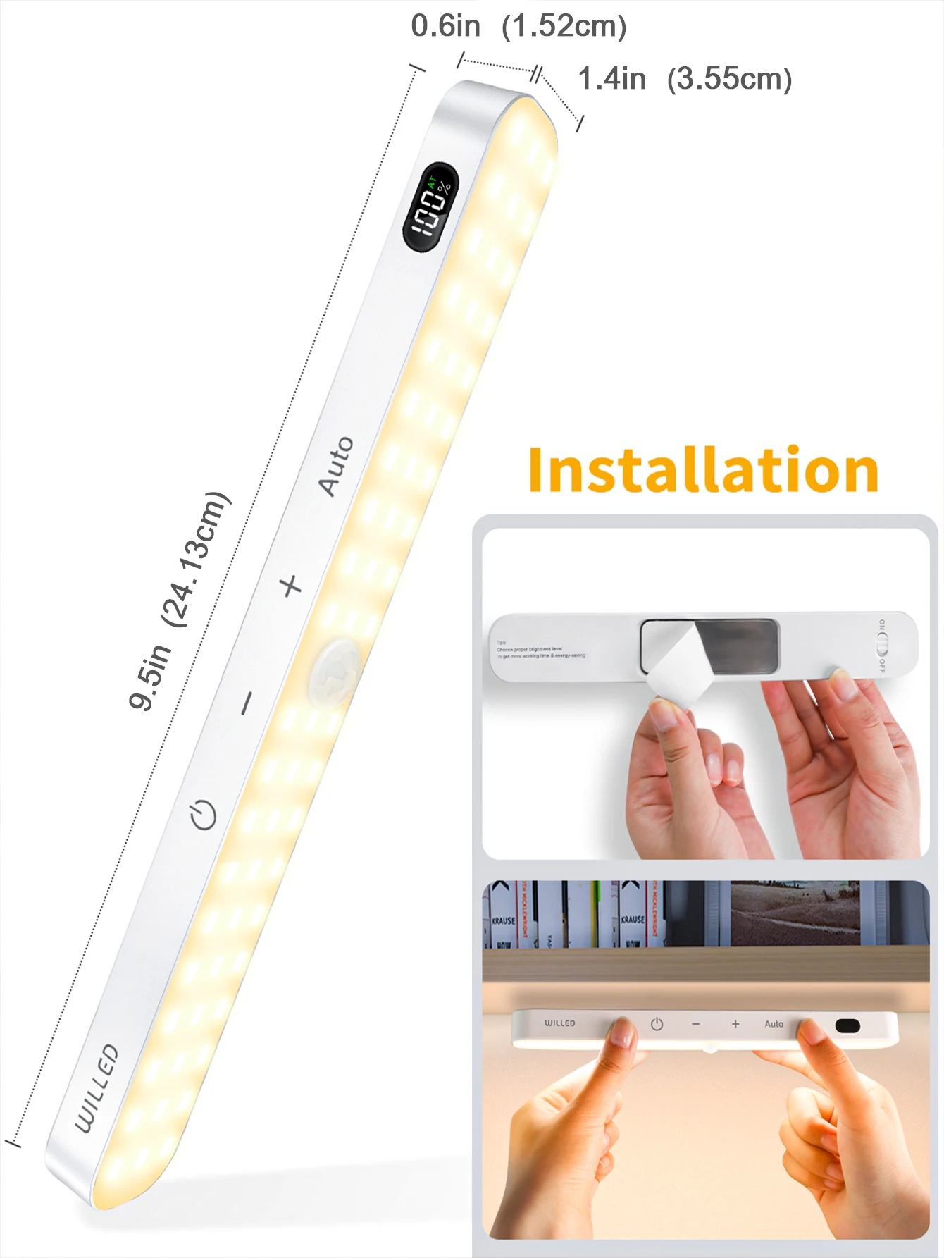 WILLED Warm Light Motion Sensor Cabinet Light Battery Display 60 LED Touch Light Bar Wireless Rechargeable Battery Night Light 5
