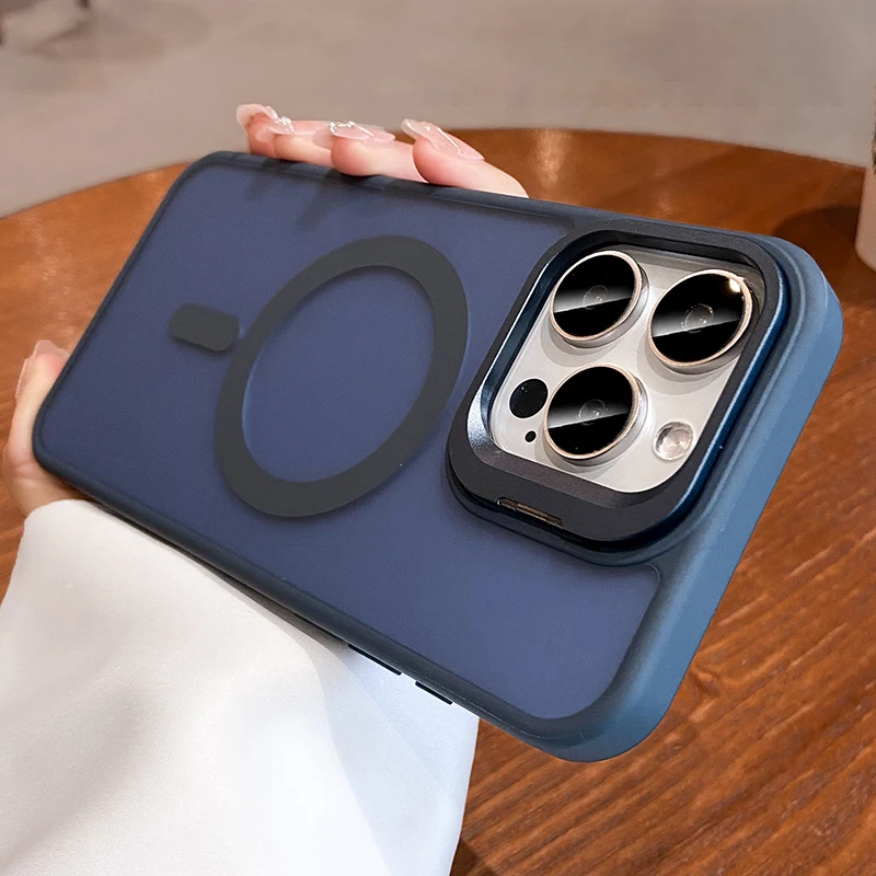 Metal Camera Kickstand with Magsafe-Compatible Wireless Charging and Matte Shockproof Cover