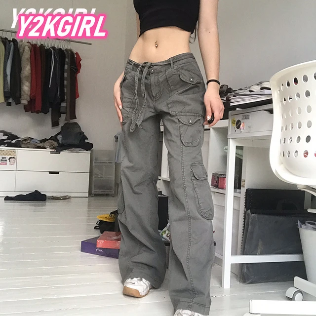 Jeans for Women Women Cargo Pants Loose Low Waist Trousers Wide Leg Baggy  Jeans With Pockets Streetwear Punk Womens Jeans Khaki S