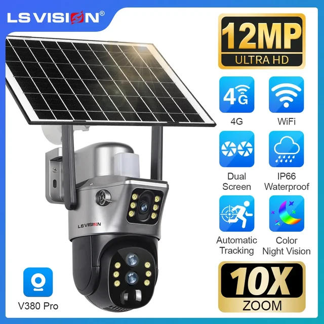 LS VISION 12MP 4G/WiFi Dual Screen Solar Camera Outdoor 10X Zoom 6K Three Lens Human Auto Tracking Surveillance Camera V380 Pro 1