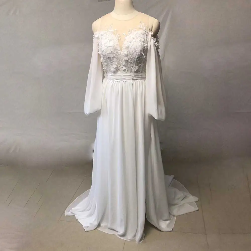 sachin and babi light blue dress Puff Sleeve Ladies Dresses For Wedding Party Boho Ethereal Ivory Chiffon  Puff Sleeves Wedding Dress VQ