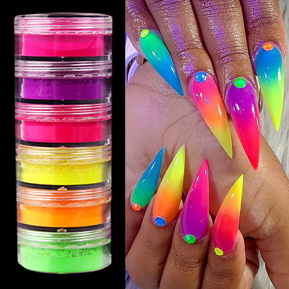 Neon fosforo pigmento polvere Set 6 colori/kit fluorescente arcobaleno gradiente unghie polvere per unghie acriliche arte/ombretto trucco # &