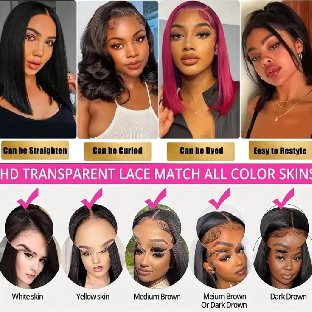 Wear and Go Glueless Bob Wig Human Hair Pre Plucked Pre Cut 215% Density 5x5 HD Transparent Lace Front Wigs Human Hair for Black Women Short Straight Bob Wigs No Glue Lace Closure Wigs for Beginners 10 Inch 7