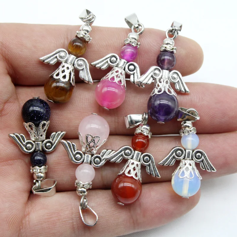 

Healing Crystal Natural Stone Angel Necklace Pendants Reiki Chakra Gmes Quartz Lapis Amethysts Tiger Stone Women Jewelry 15PCS