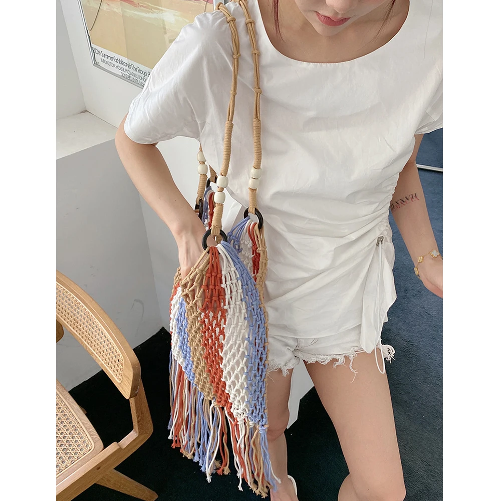Long Tassel Tote Bags for Women Fishing Net Shoulder Bag Rope Crochet Woven Handbags Bohemian Hollow Striped Travel Beach Bag