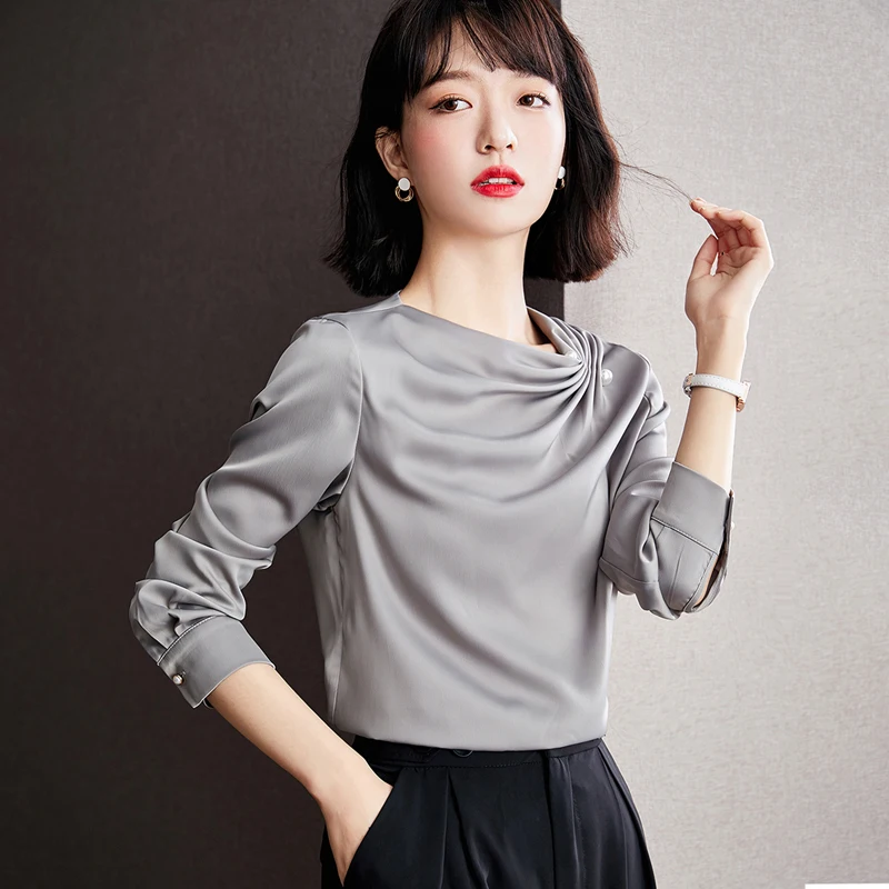 Long Sleeves Fine Elegant Blouses for Women Fashion 2022 Grey Chic Woman Blouse Korea Women's Shirts Free Shipping Luxury Female