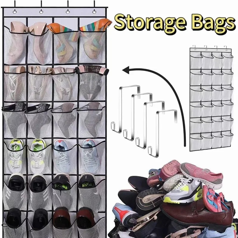 Over The Door Rack 12/24Pockets Large Mesh Pockets Hanging Shoe Organizer Closet Hanging Shoe Rack Holder Hanger Storage Bag