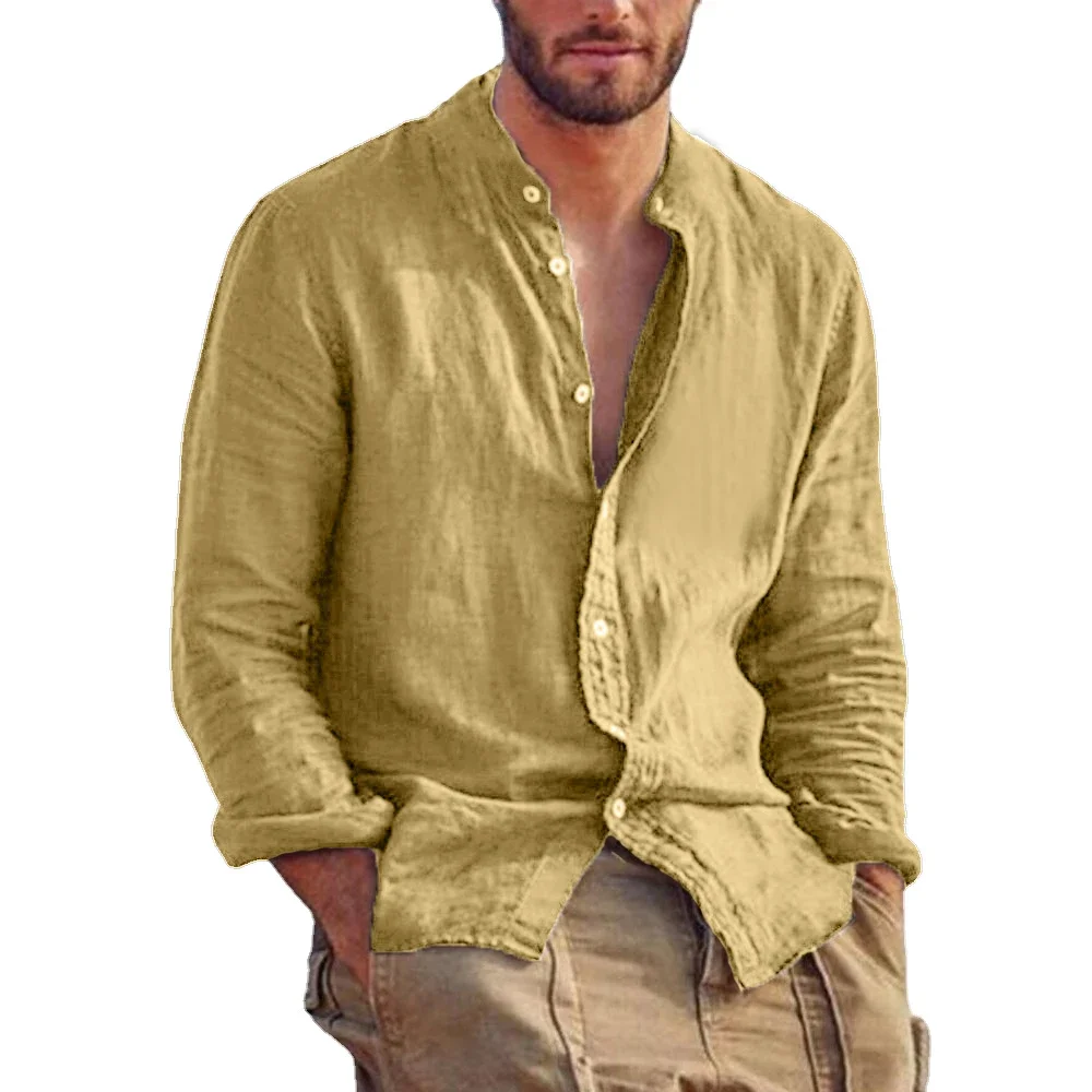 Men's Long Sleeve Shirt Linen Cotton Shirts Stand Collar Casual Beach Tops linen shirt,cotton shirt