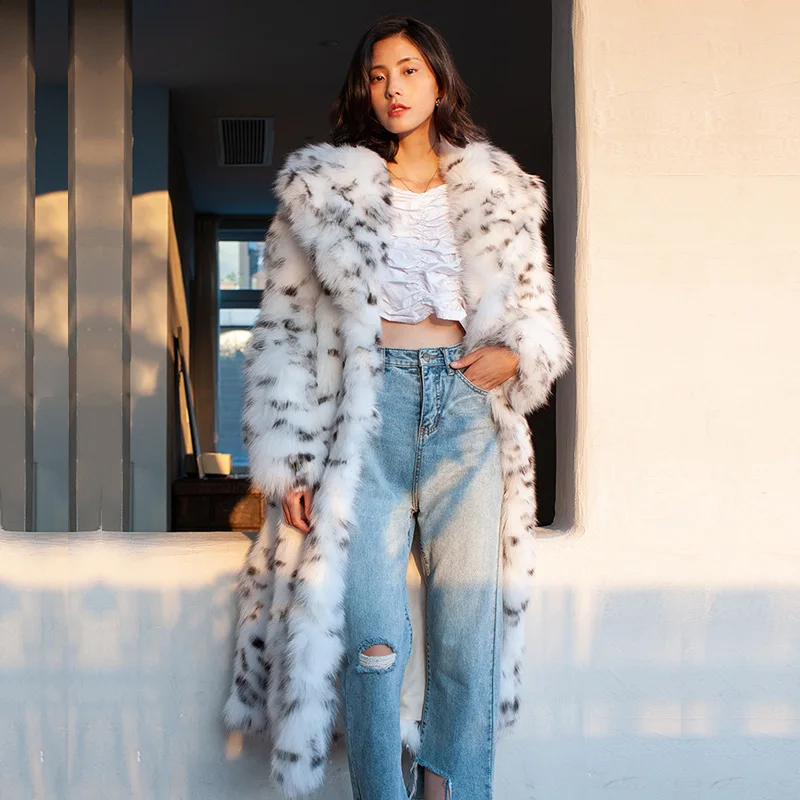 Winter Fox Fur Imitation Fur Coat Women's Long Warm Black Spotted Leopard Print Raccoon Fur Coat Large Size Leisure Windbreaker