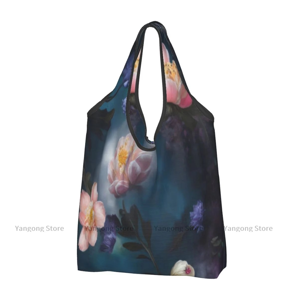 

Foldable Shopping Bag Painting Of Peony Flowers Tote Folding Pouch Handbag Convenient Travel Grocery Bag